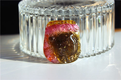 QQ17碧玺28克挂件雕刻雕件厚实寿桃蝙蝠云纹福寿如意三色西瓜碧