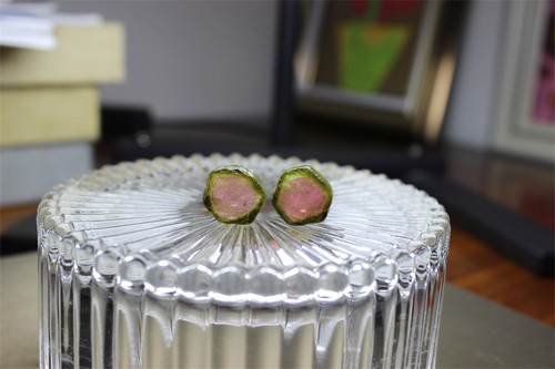 A911碧玺原石西瓜包心无孔设计宝石两颗一对裸石块状精品绿皮红瓤