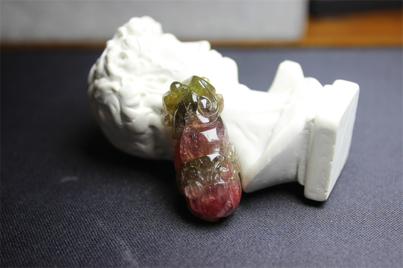 YY22碧玺福瓜如意立体圆鼓鼓吊坠双色天然精品证书挂坠雕刻老碧玺