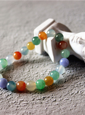 特色翡翠珠串手链7.2mm彩虹紫色雪花棉黄翡绿翠冰种飘花高冰RR12