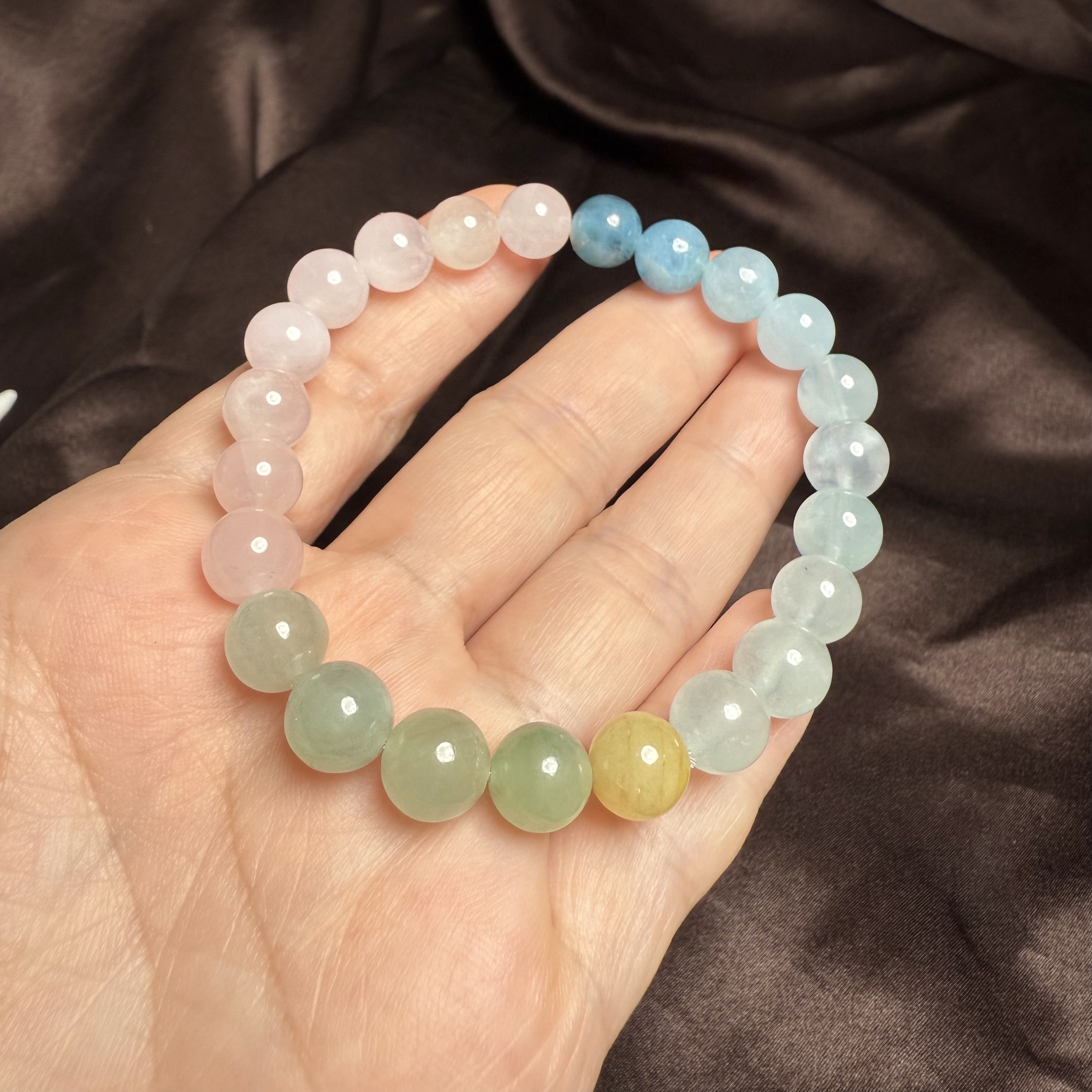 H810绿柱石摩根石圆珠彩色宝石手串珠串8.2mm超值粉黄蓝手链证书