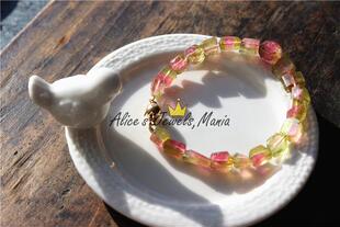 GG24碧玺巴西老矿西瓜双色手链手串稀有玻璃体糖块粉黄系14K黄金