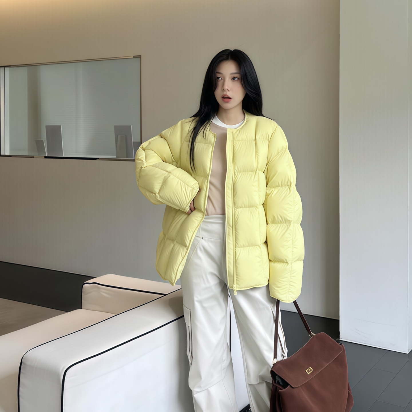 爆白鸭绒云朵泡芙羽绒服女2025冬韩版圆领新款方块轻薄保暖面包服