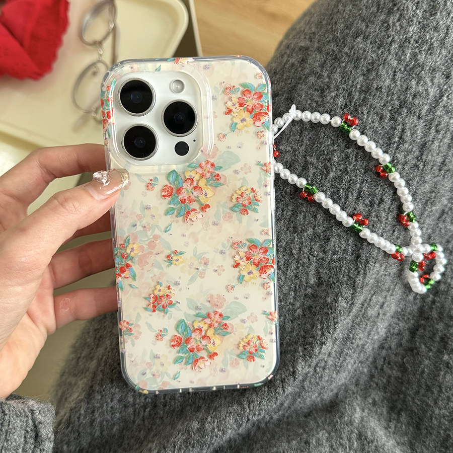 新中式蓝白红花带链条适用iphone16promax手机壳苹果15promax米白底16简约清新13pro双层硬壳14保护壳小众
