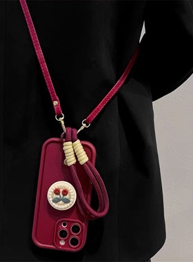 酒红樱桃支架适用小米151417promax手机壳红米note15141312pro保护套K80K90斜跨civi4pro背带turbo3女14R软壳