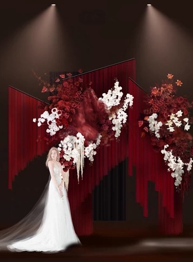 X279 红色线帘婚礼效果图psd源文件红色小众红白婚礼花艺素材分层