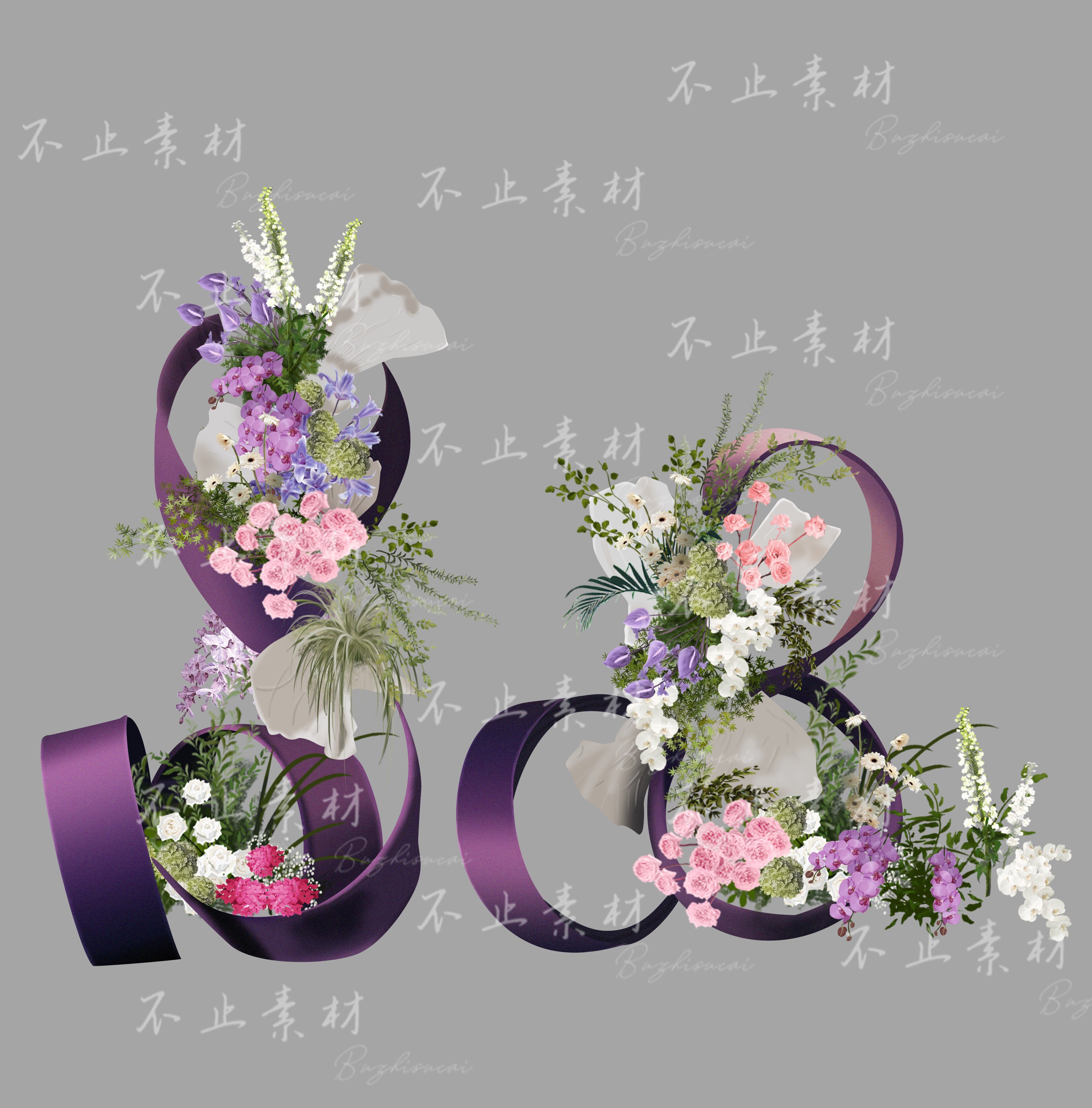 H180 粉白紫绿色婚礼花艺素材psd源文件婚礼自由曲线道具小众婚礼