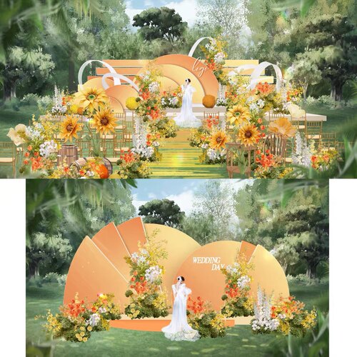 X273 橙黄色落日黄昏婚礼效果图psd源文件户外游园婚礼效果图黄色