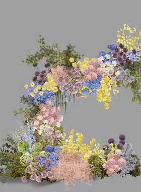 H109 黄蓝粉绿紫色莫奈花园主题婚礼手绘花艺素材psd源文件