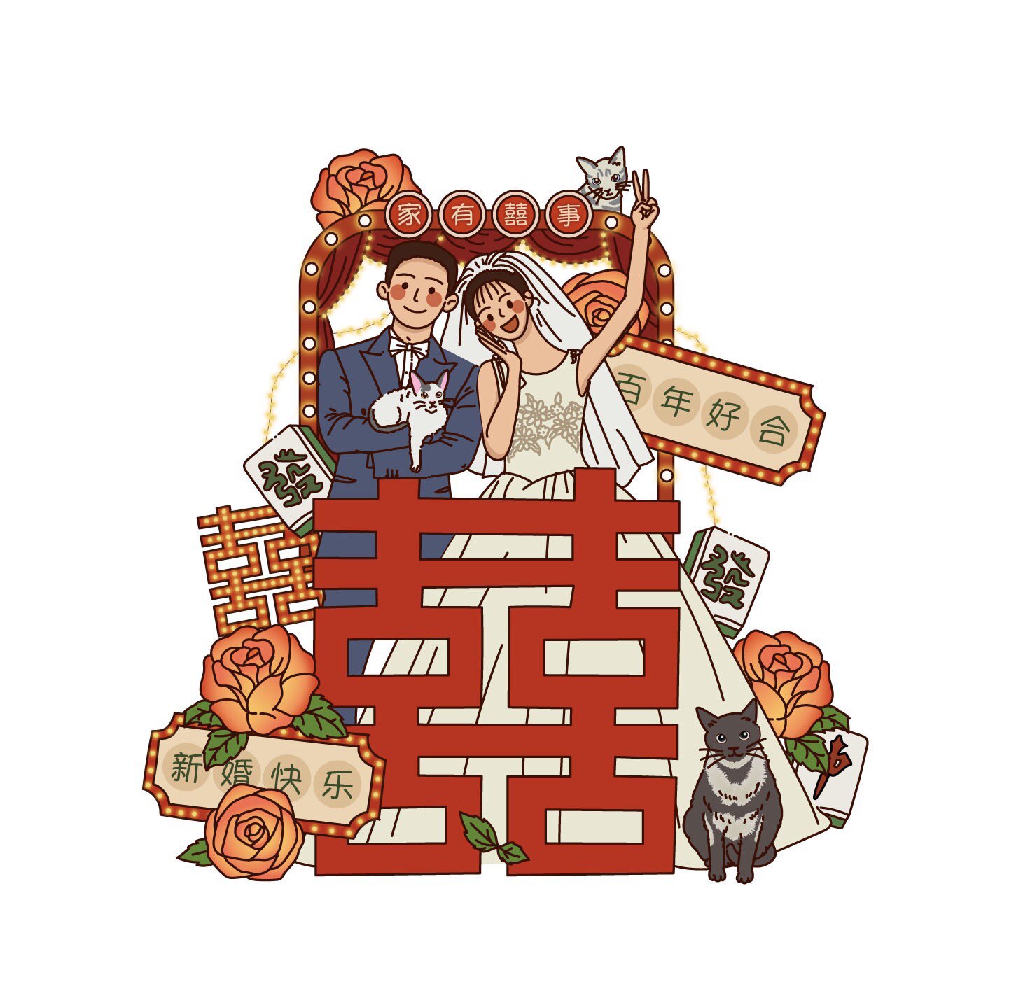 S047 卡通新郎新娘插画素材ai源文件婚礼人物迎宾牌复古欧式婚礼