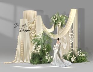 297韩式婚礼香槟奶白色多层布幔白绿色自然系花艺合影区设计素材