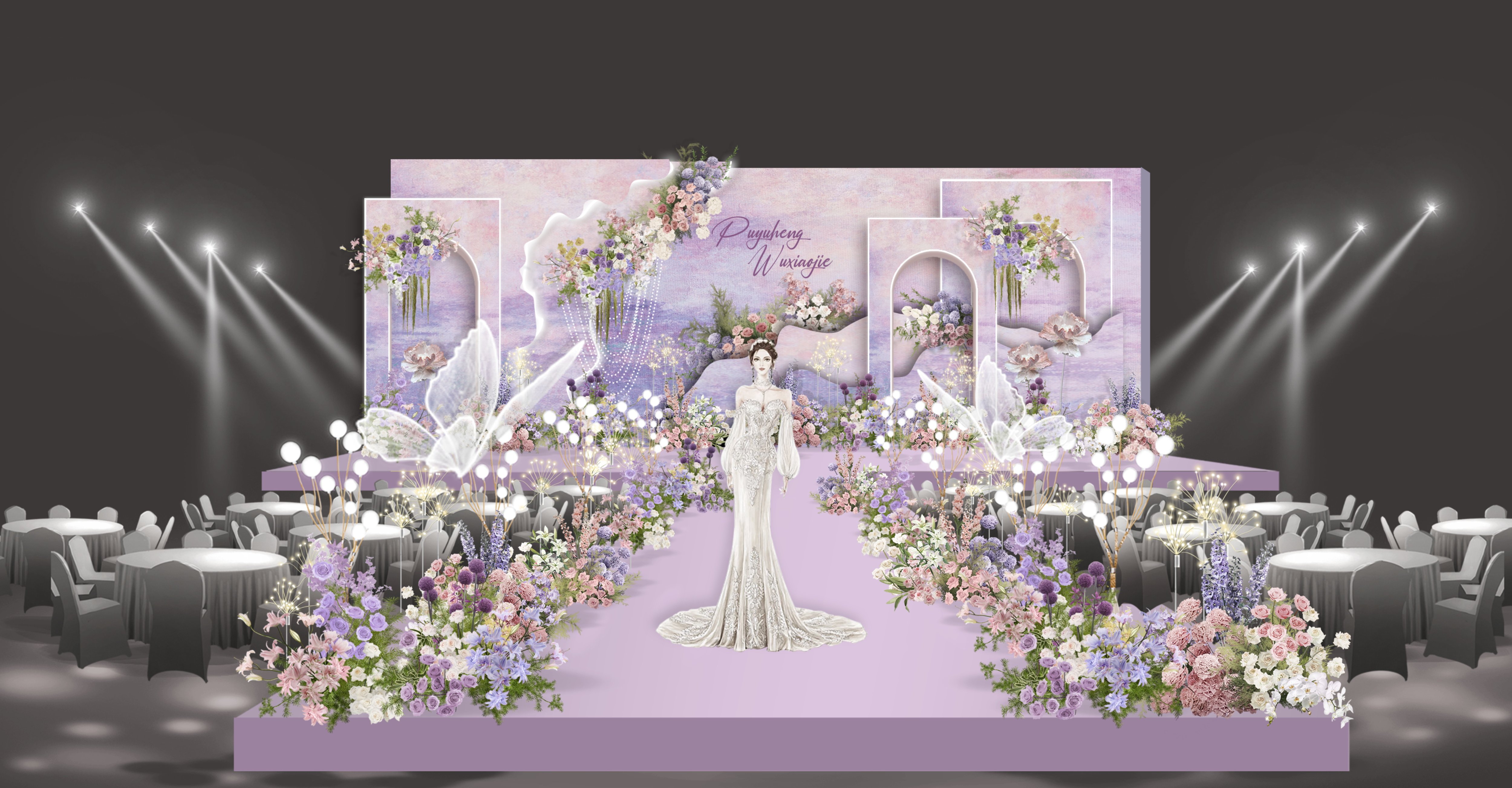 X055 梦幻紫色莫奈油画风婚礼效果图psd源文件法式花园风婚礼素材
