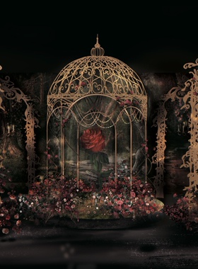 X070复古奢华红金巴洛克欧式婚礼PSD效果图背景舞台分层文件设计