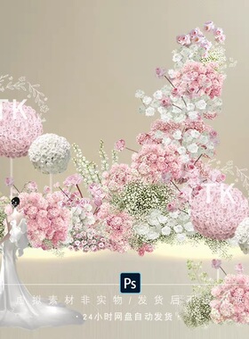 TK383粉白色白绿色漫天星花球绣球花艺PSD素材拱门交接区T台