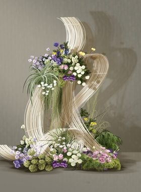 H063 南洋风曲线竹编白绿色紫色手绘花艺婚礼效果图psd分层源文件