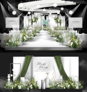 H042 小众白绿色韩式婚礼效果图PSD源文件韩式婚礼迎宾合影区