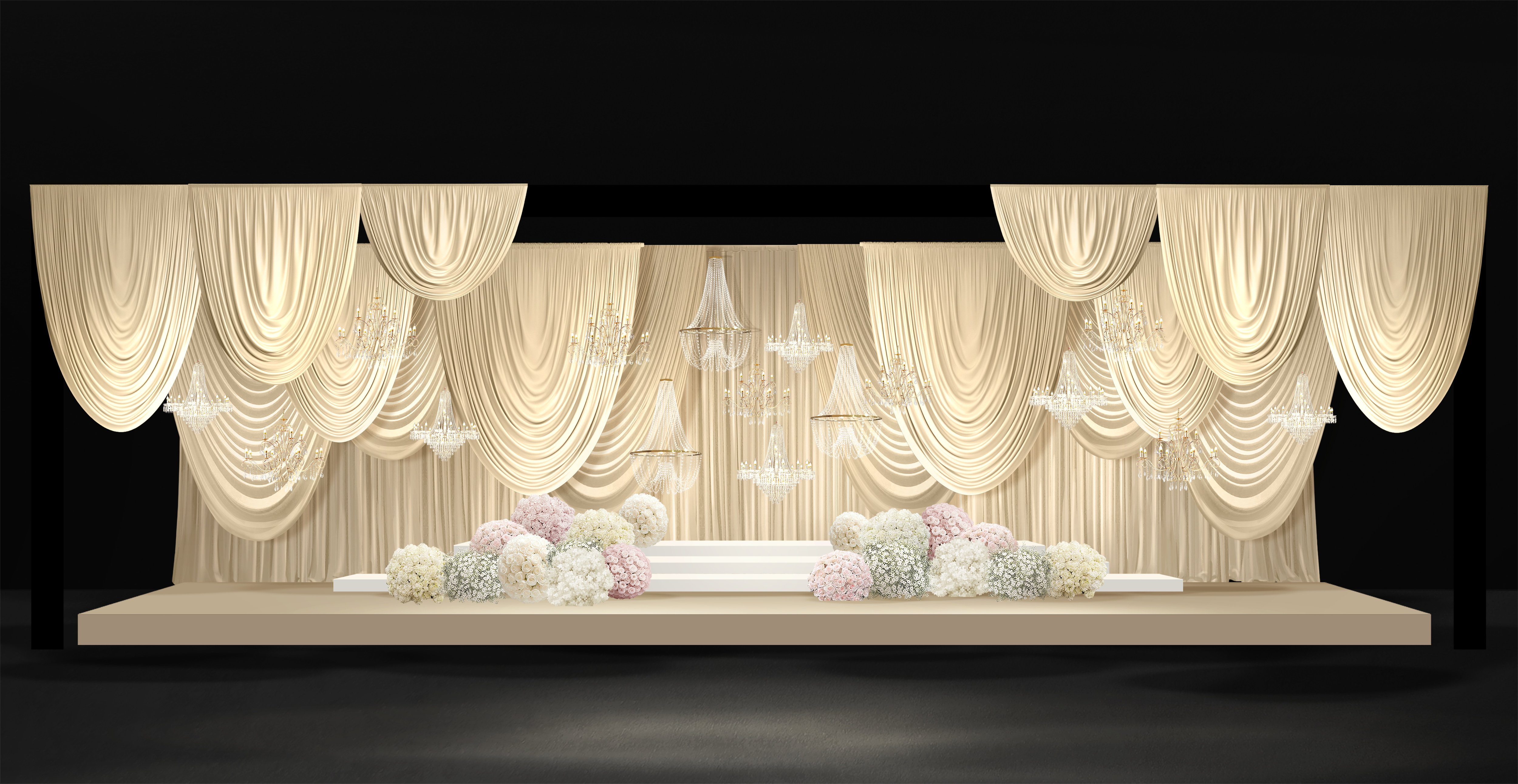 X287 香槟色布幔婚礼效果图圆弧下垂布幔韩系韩式婚礼舞台背景psd