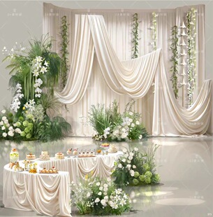 香槟色布幔婚礼白绿色花艺花串布幔甜品桌设计素材ps婚礼效果图