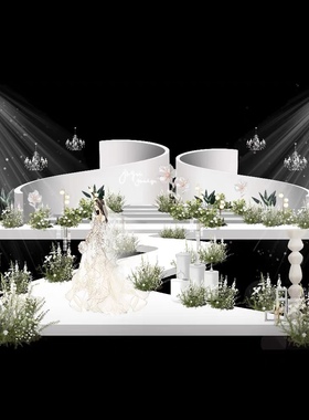 X123韩式白绿弧形水晶婚礼效果图psd源文件S型T台素材韩式简约