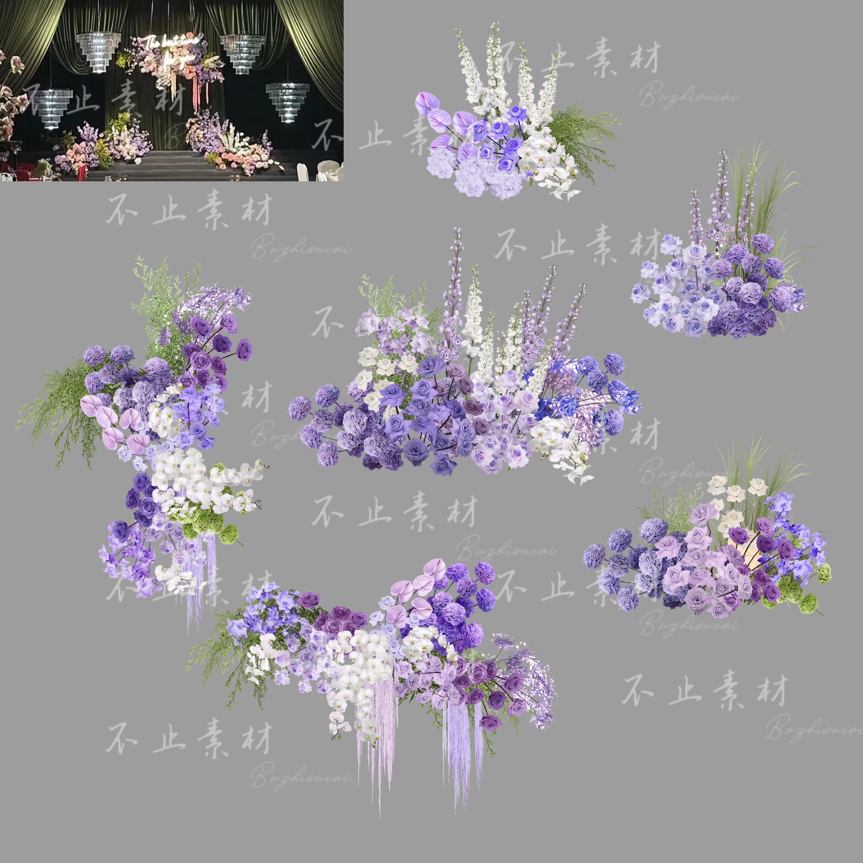 H175 绿紫色梦幻婚礼花艺素材psd源文件紫色婚礼效果图仪式区道具