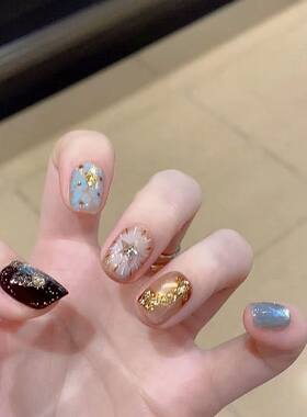 秋冬新款琥珀流光晕染猫眼烟花星星短款显白气质穿戴甲圣诞氛围感