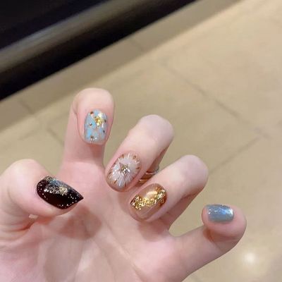 秋冬新款琥珀流光晕染猫眼烟花星星短款显白气质穿戴甲圣诞氛围感