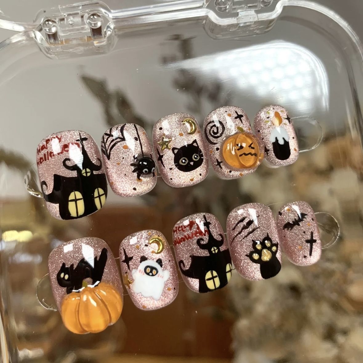 万圣节新款炸毛小黑猫南瓜幽灵半手工短款穿戴甲蜘蛛猫爪爆闪猫眼