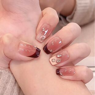 秋冬新款 酒红堆钻气质穿戴甲贴片腮红晕染 栗子蛋糕高级感显白法式