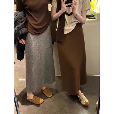 加绒高腰包臀针织半身裙女2025秋冬新款直筒显瘦小个子中长款裙子