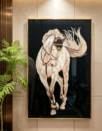 轻奢风手工镶钻珐琅彩画《玉鳞宝马》新古典客厅玄关高级感装饰画