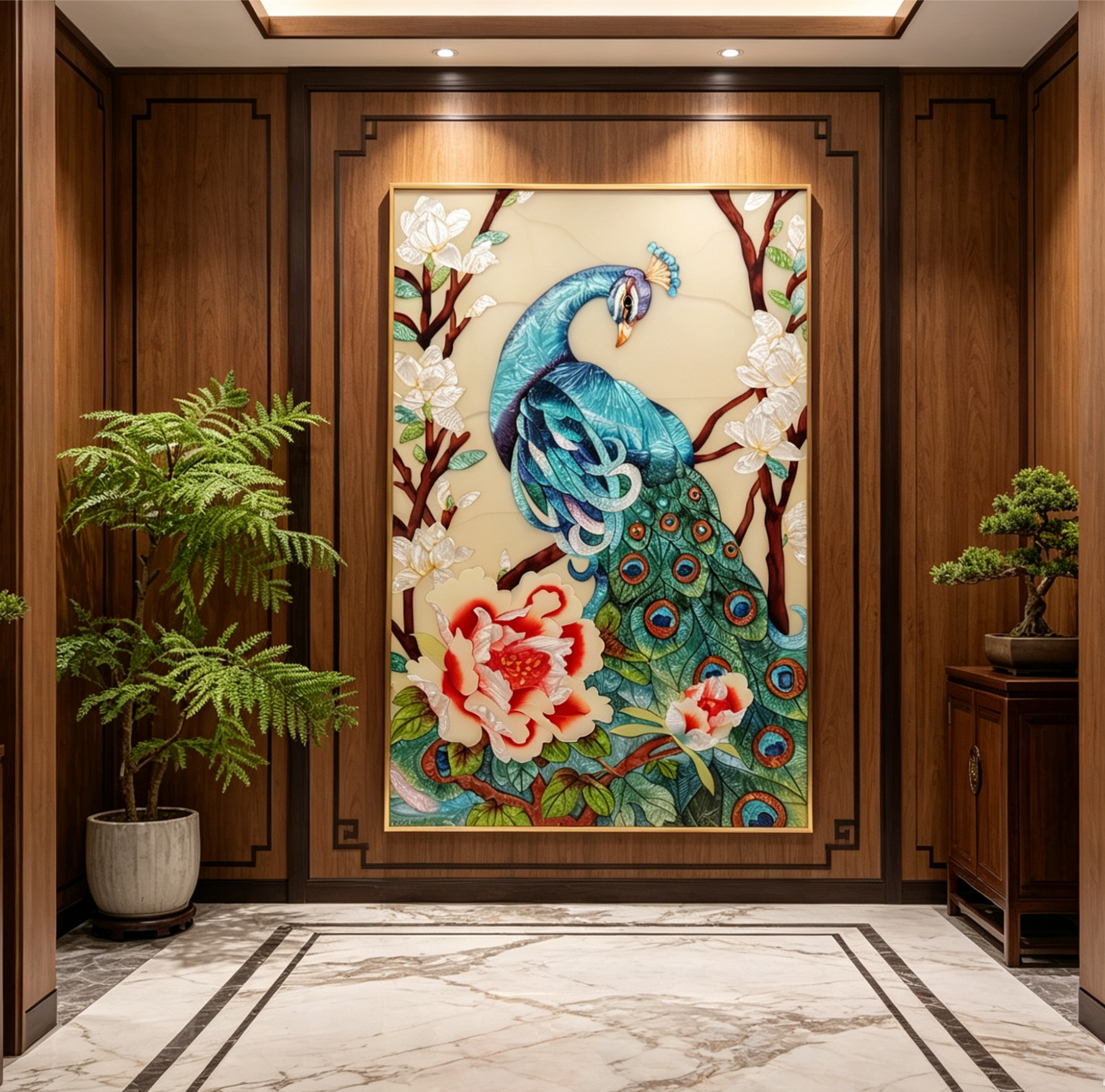 新中式纯手工珐琅彩画孔雀吉祥富贵新古典客厅玄关高级感装饰画