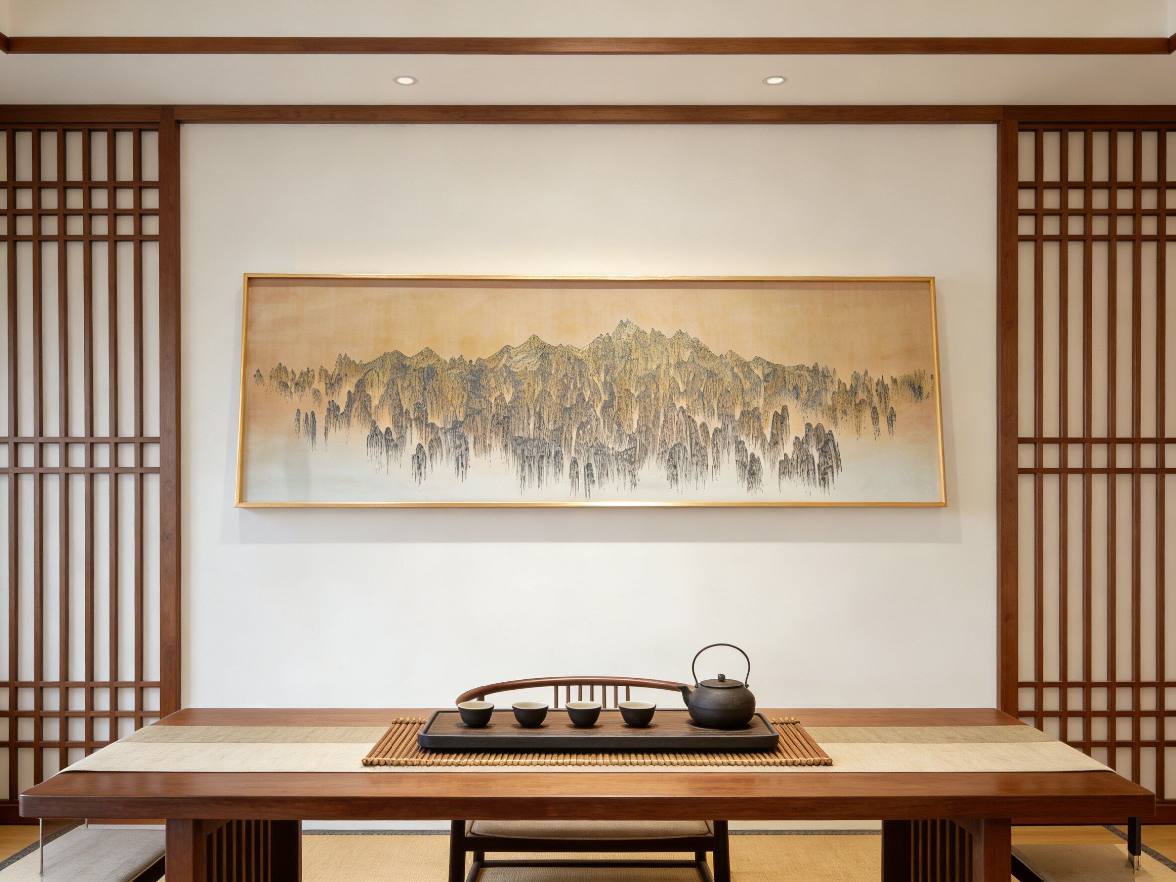 新中式茶室禅意山水风景装饰画浮雕手绘背景墙红色窄屏横幅挂画