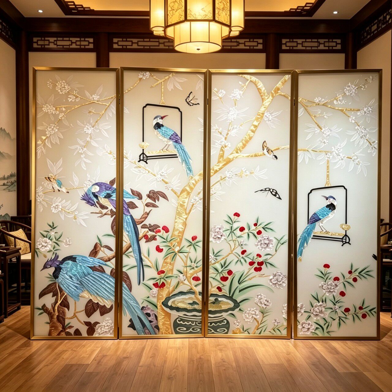 新中式手工珐琅彩《春意满堂》茶室客厅可折叠四联隔断屏风