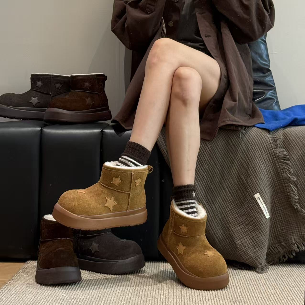 星星萌豚厚底雪地靴女增高棉鞋潮