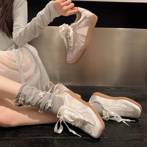 芭蕾主义～春新款软底缎面休闲百搭银色德训鞋女复古小白鞋女板鞋