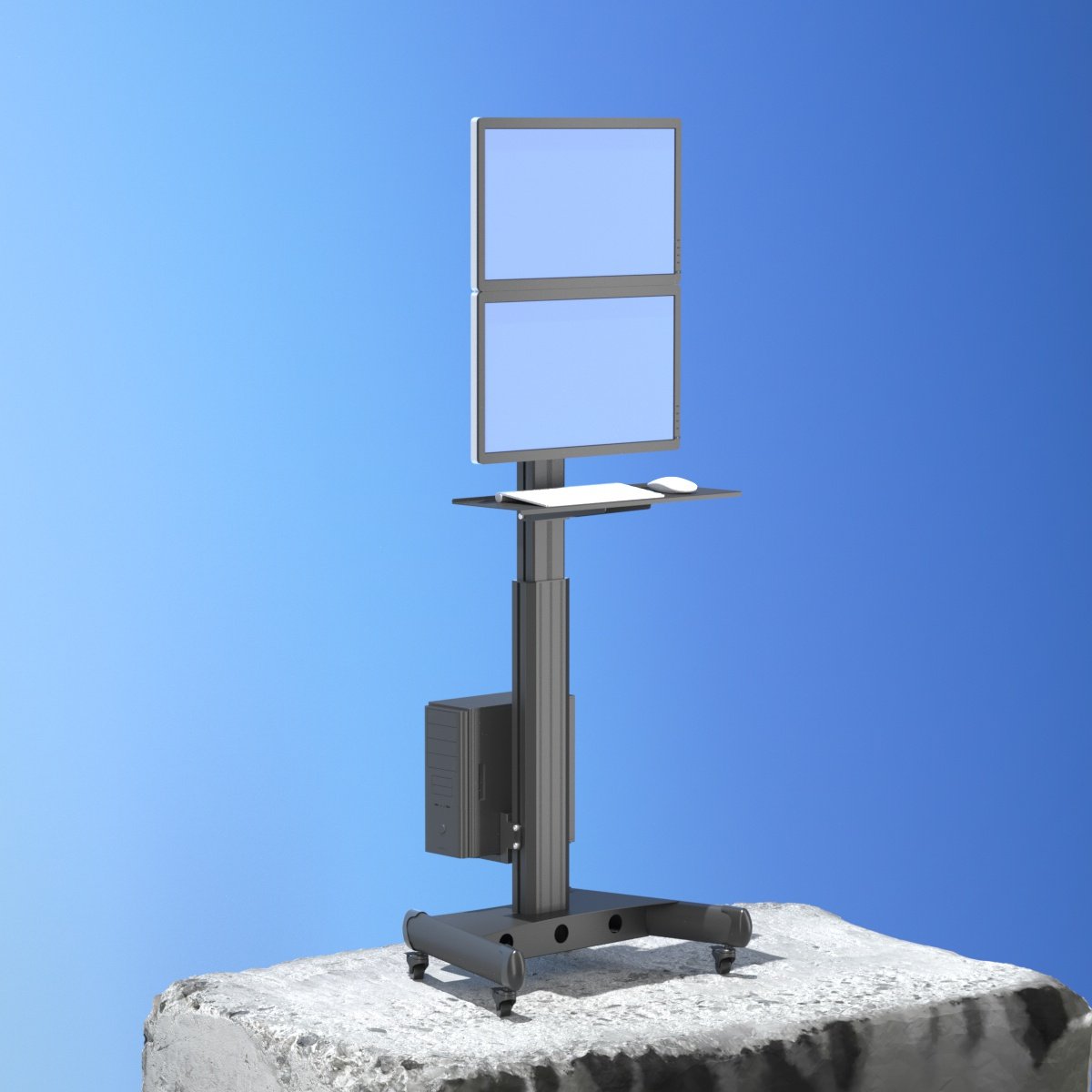 丰睿成落地上下双屏显示器支架移动带轮推车升降电脑键盘主机架子