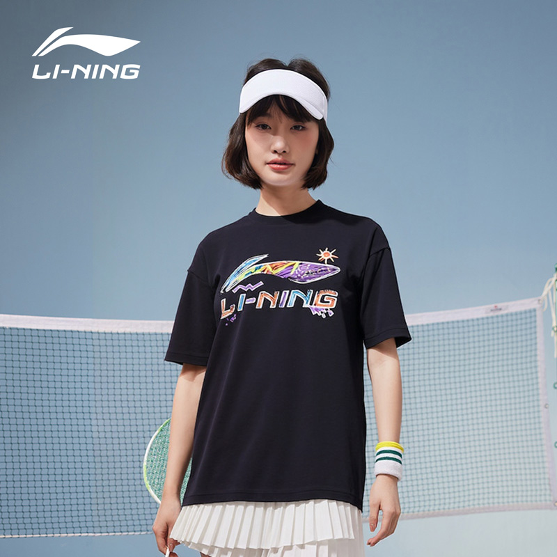 李宁短袖男女夏季新款纯棉圆领运动上衣宽松透气文化衫羽毛球服