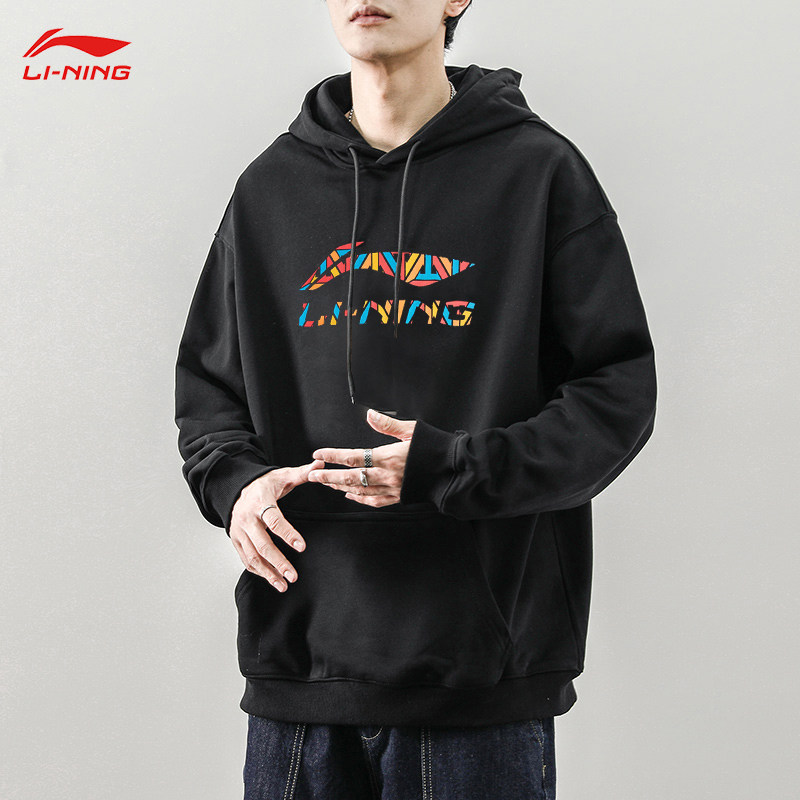 李宁卫衣男秋季新款连帽加绒运动服保暖套头帽衫黑色长袖休闲外套