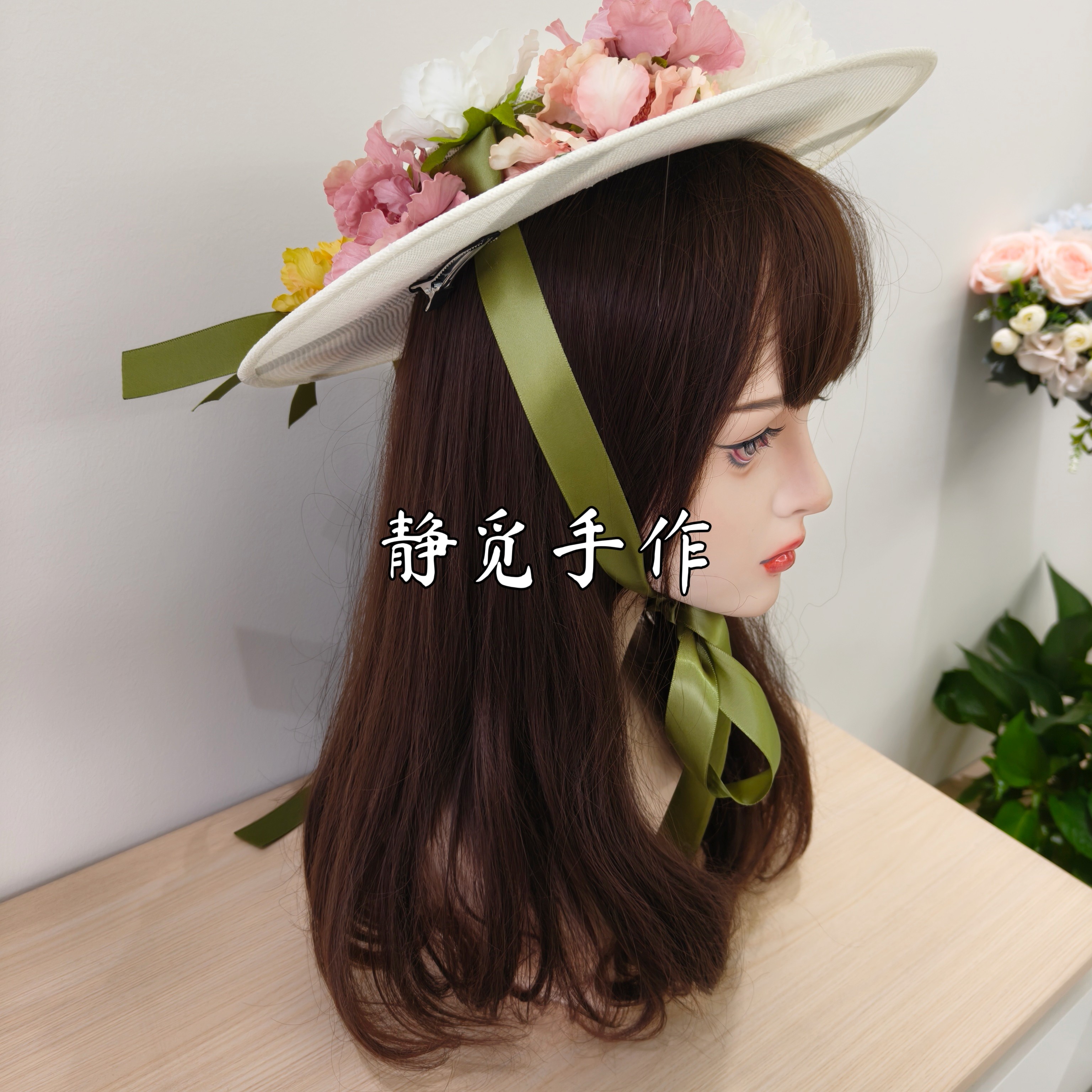 原创高山杜鹃帽复古礼帽蓝色亚麻面料搭配精美花朵Lolita手作礼帽