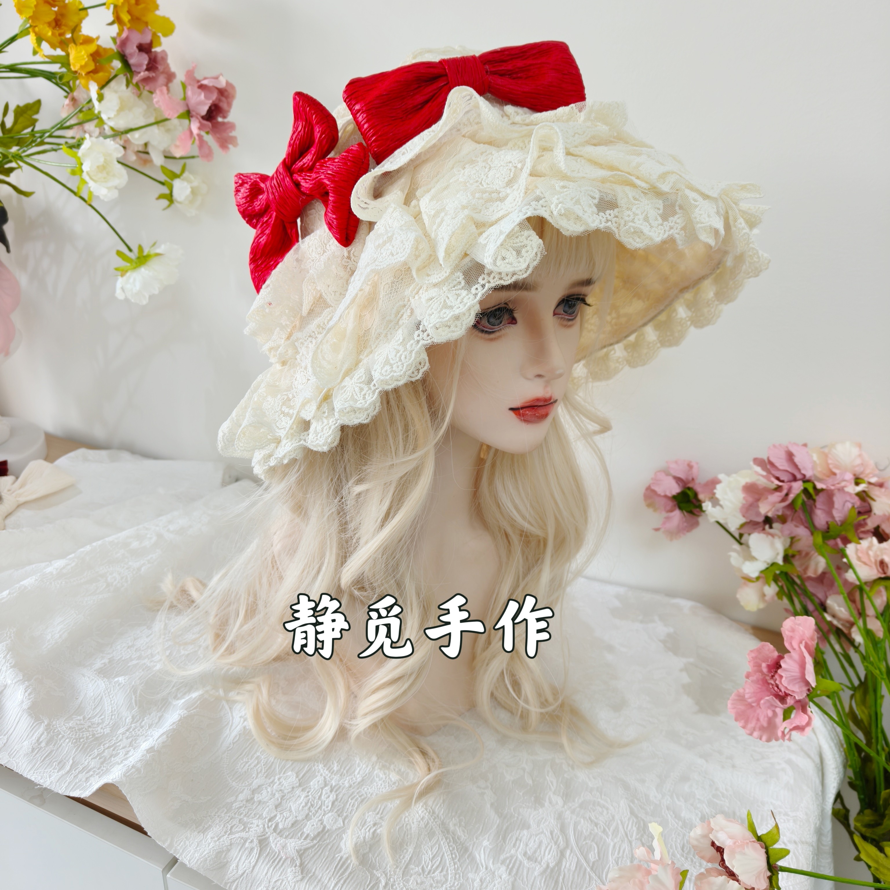 小佩蒂伞帽原创lolita帽子doll感蕾丝花边重工遮阳帽蝴蝶结可拆卸图片