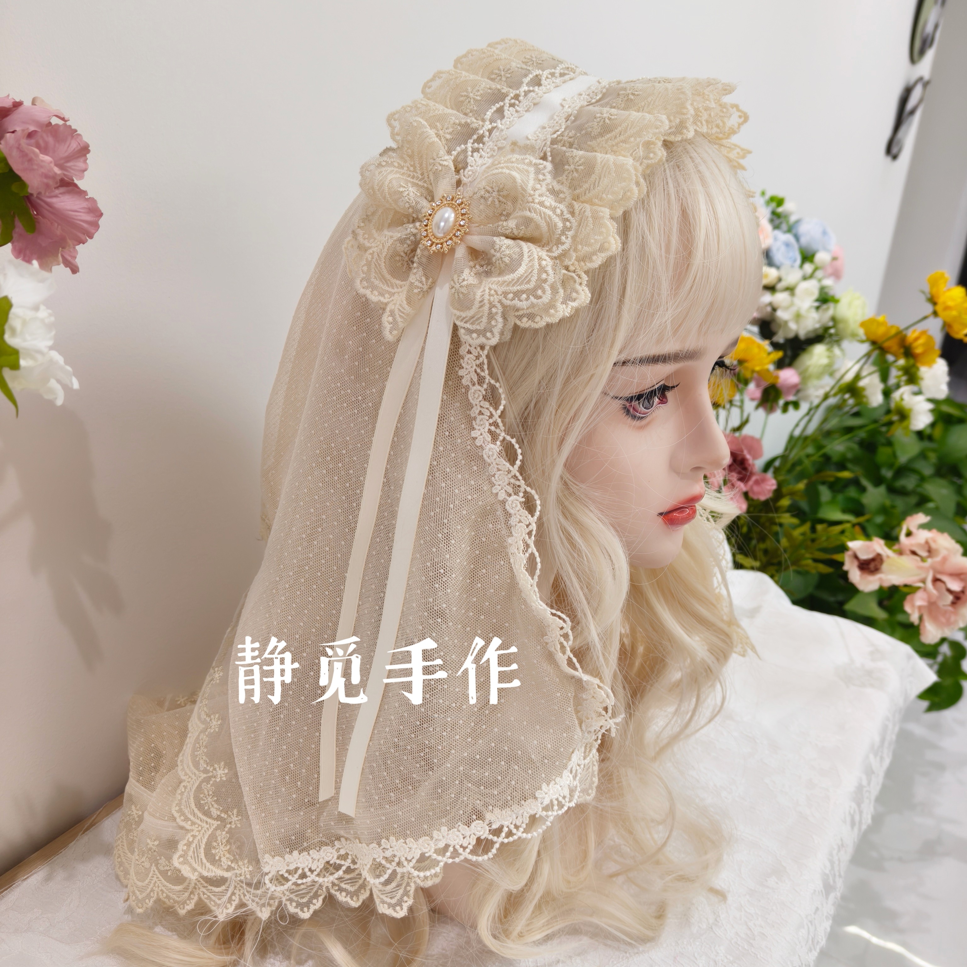 灯影Lolita头纱发带重工蕾丝华丽蝴蝶结发卡发饰洛丽塔杏色