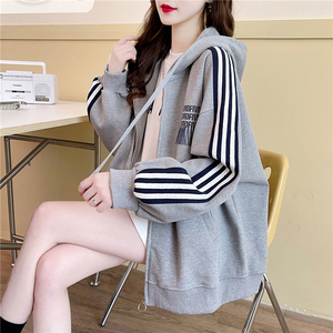 包邮华夫格宽松设计感连帽装外套女休闲上衣条纹开衫卫衣