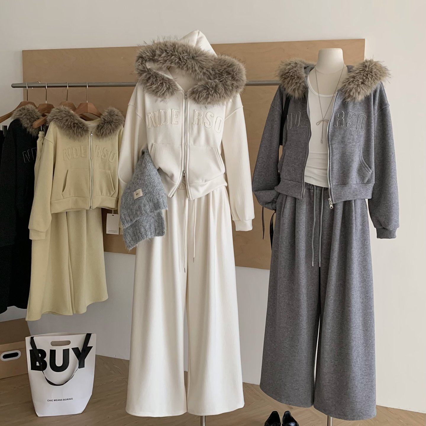 包邮韩系加绒卫衣套装可拆卸毛领开衫外套阔腿长裤两件套女秋