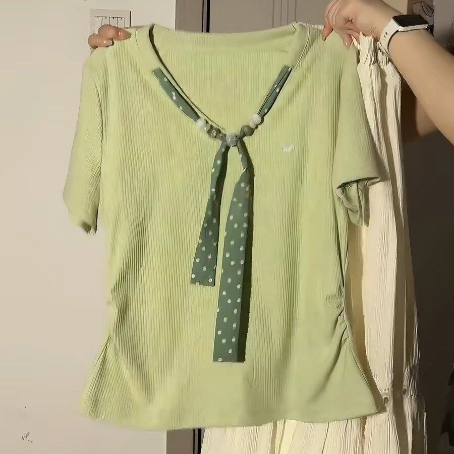 包邮包邮大码女装丝巾系带绿色V领短袖T恤女夏季胖MM收腰显瘦短款