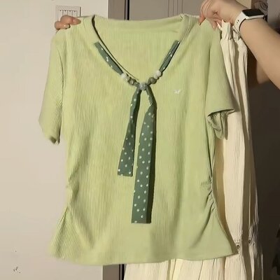 包邮包邮大码女装丝巾系带绿色V领短袖T恤女夏季胖MM收腰显瘦短款