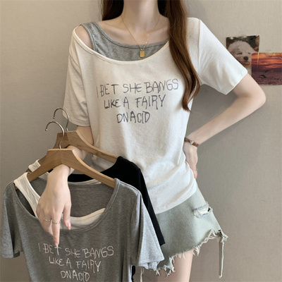 包邮～大码设计感假两件拼接露肩T恤女短袖收腰显瘦小个子上衣