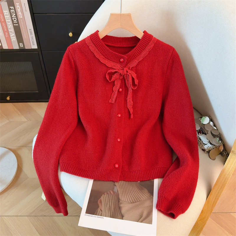 包邮包邮甜美蕾丝针织开衫上衣爆款2025秋冬新款时尚可爱打底毛衣