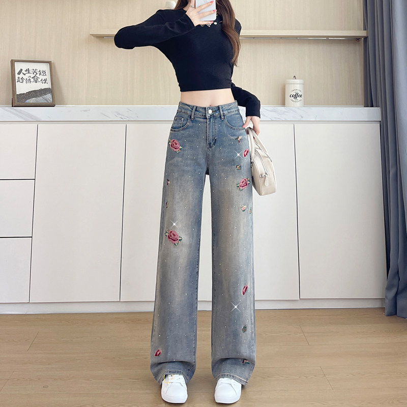 包邮刺绣阔腿牛仔裤女2026夏季薄款高腰遮肉小花宽松显瘦直筒裤子