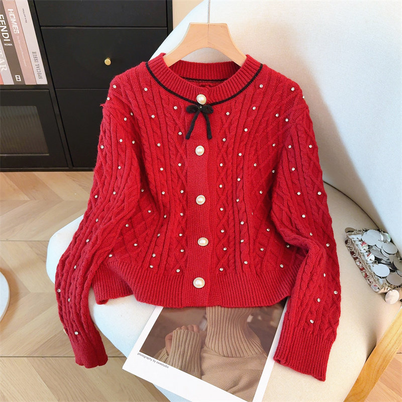 包邮包邮小香风蝴蝶结麻花针织开衫外套女秋冬高级设计感甜美气质