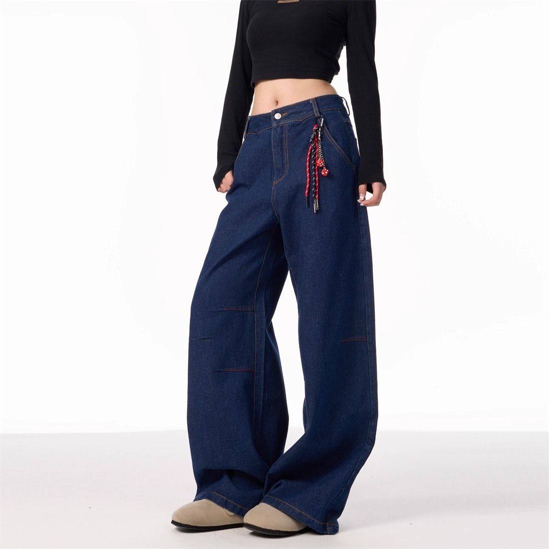包邮包邮自带挂件春秋新款美式复古挂绳设计感牛仔裤女宽松bf拖地,女装/女士精品,牛仔裤,淘宝优惠券,粉丝福利购,淘宝优惠卷